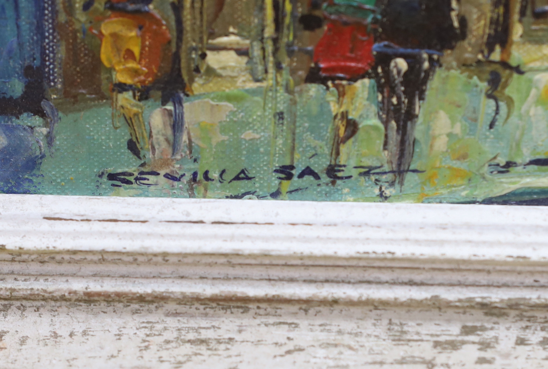 Juan Sevilla Saéz (Spanish, 1922-2018), impressionist oil on canvas, 'Le Moulin de la Galette, Paris', signed and inscribed verso, 34 x 25cm